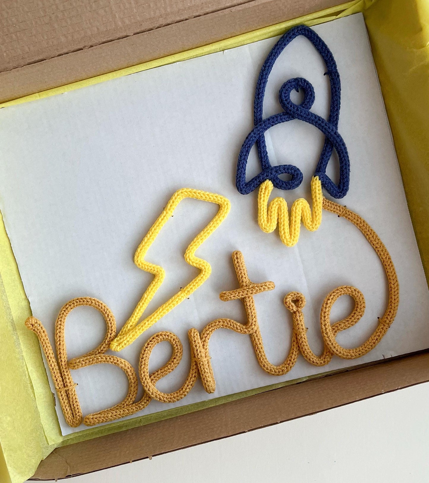 Knitted Wire Name Sign with Rocket