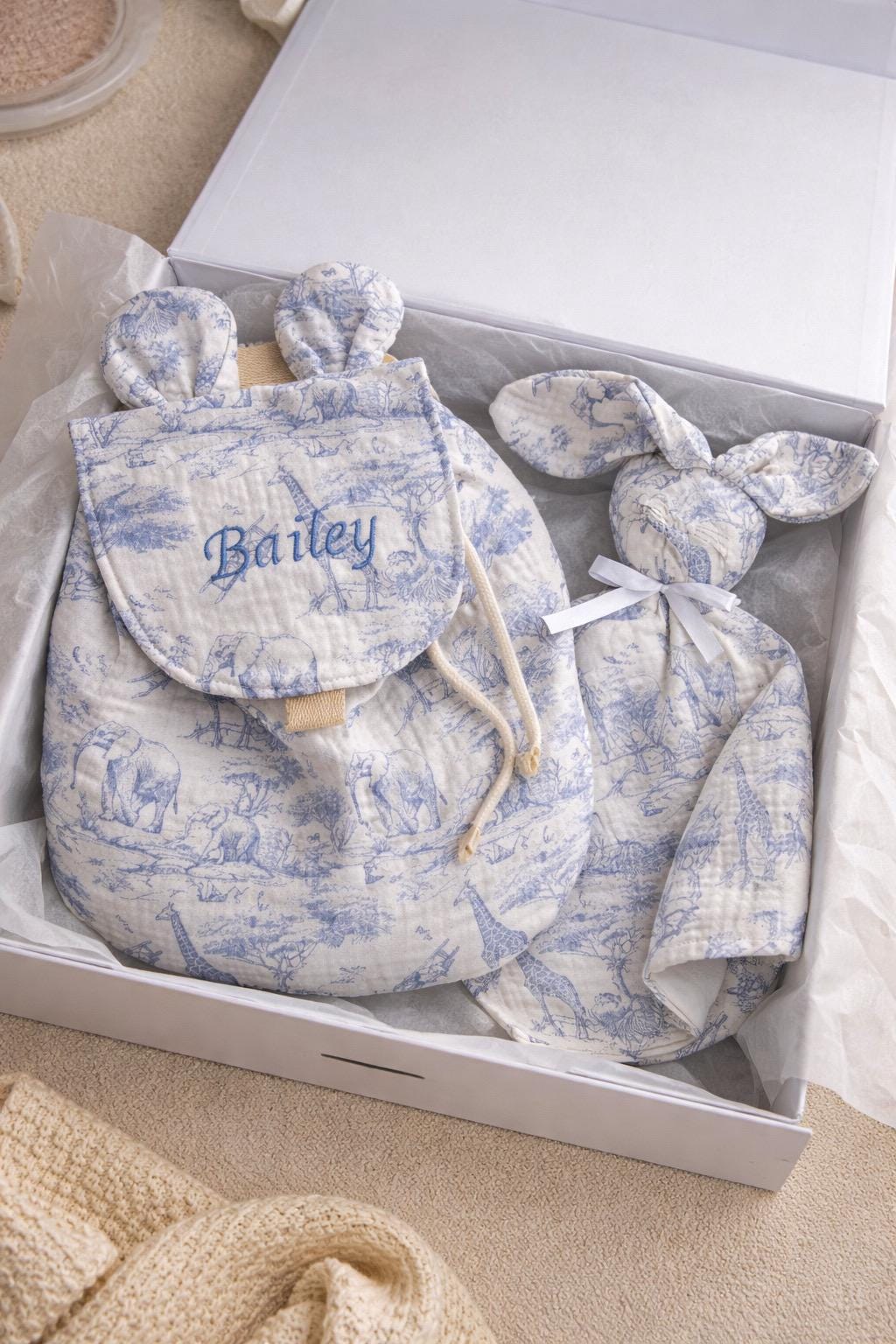 Personalised Safari Backpack & Bunny Comforter Set