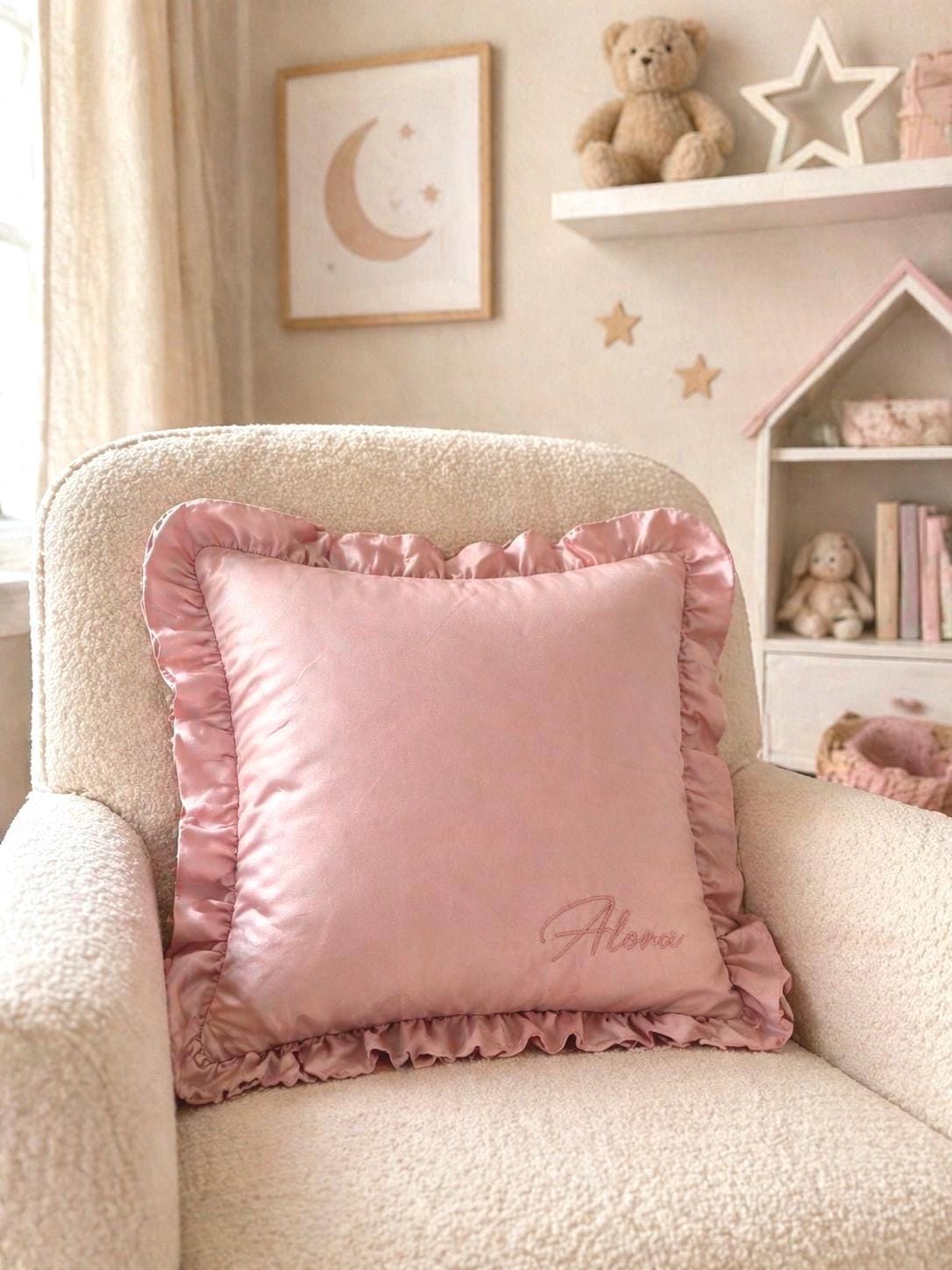 Personalised Pink Linen Frill Cushion Cover