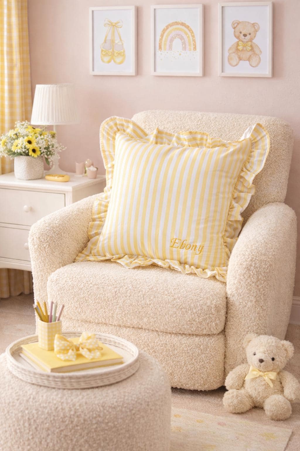 Personalised Yellow Stripe Frill Cushion