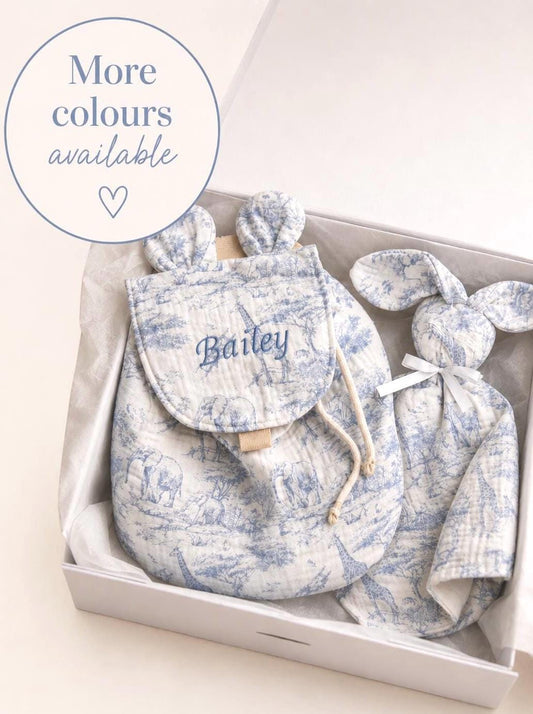 Personalised Safari Backpack & Bunny Comforter Set